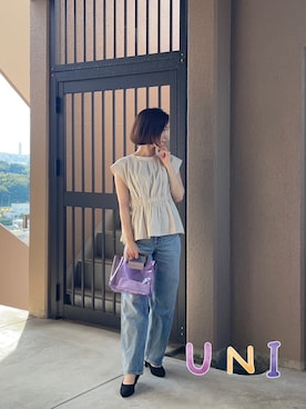 「AZUL by moussy（アズールバイマウジー）のアイテム（デニムパンツ）」を使った、うにさん（レディース・157cm）の秋コーディネート