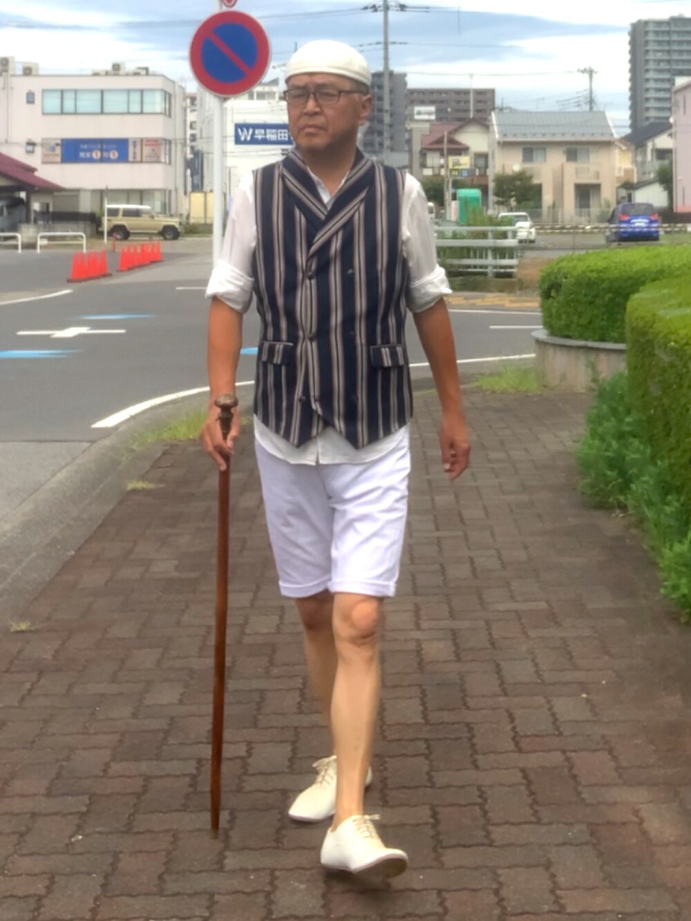 「トラッド、ウエストコート、ハーフパンツ、バンドカラーシャツ、WEAR文芸部」｜「海外通販のアイテム（ベスト、その他）」を使った、でゑさん（メンズ・175cm）の夏コーディネートの1枚目の写真