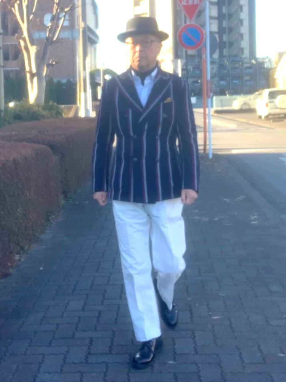「トラッド、ポークパイハット、ボーティングジャケット、ボタンダウンシャツ、WEAR文芸部」｜「RICORZOのアイテム（テーラードジャケット、その他）」を使った、でゑさん（メンズ・175cm）の冬コーディネートの1枚目の写真