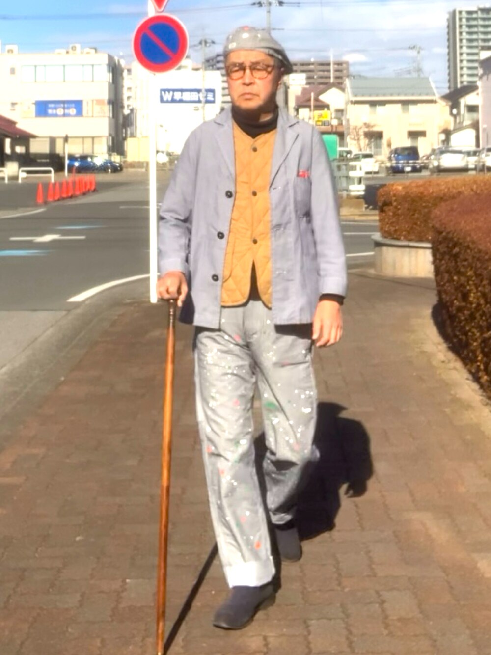 「トラッド、ワークジャケット、ペインターパンツ、リメイク、WEAR文芸部」｜「Yarmoのアイテム（テーラードジャケット、ブルー系）」を使った、でゑさん（メンズ・175cm）の冬コーディネートの1枚目の写真