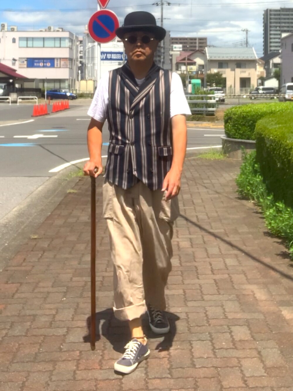 「トラッド、ウエストコート、Tシャツ、オーバーオール、WEAR文芸部」｜「海外通販のアイテム（ベスト、その他）」を使った、でゑさん（メンズ・175cm）の夏コーディネートの1枚目の写真
