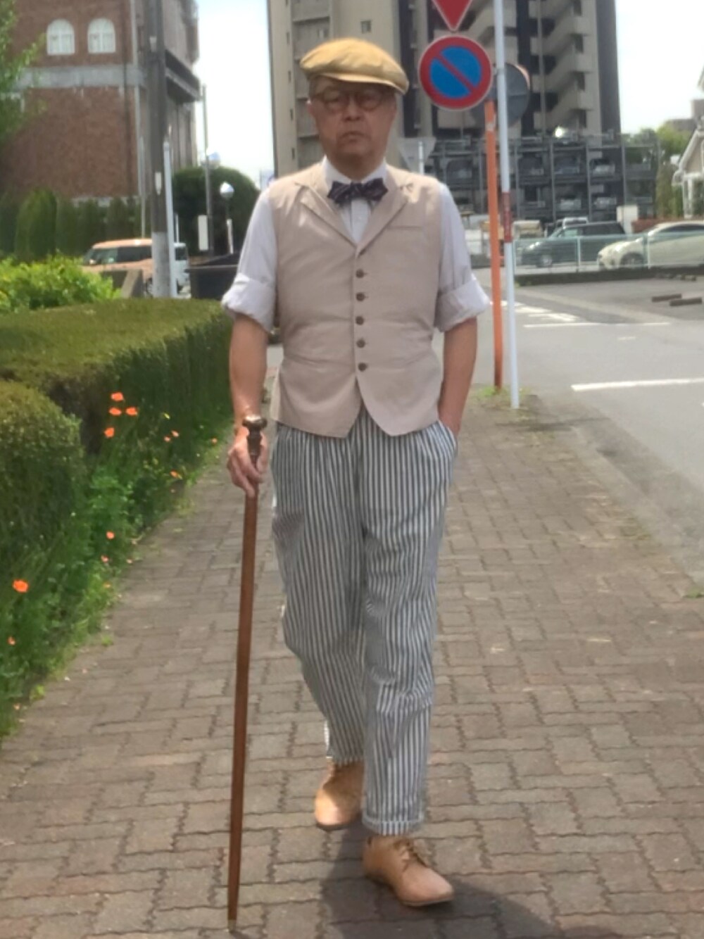 「トラッド、プレッピー、キャスケット、蝶ネクタイ、WEAR文芸部」｜「海外通販品のアイテム（その他パンツ、その他）」を使った、でゑさん（メンズ・175cm）の春コーディネートの1枚目の写真