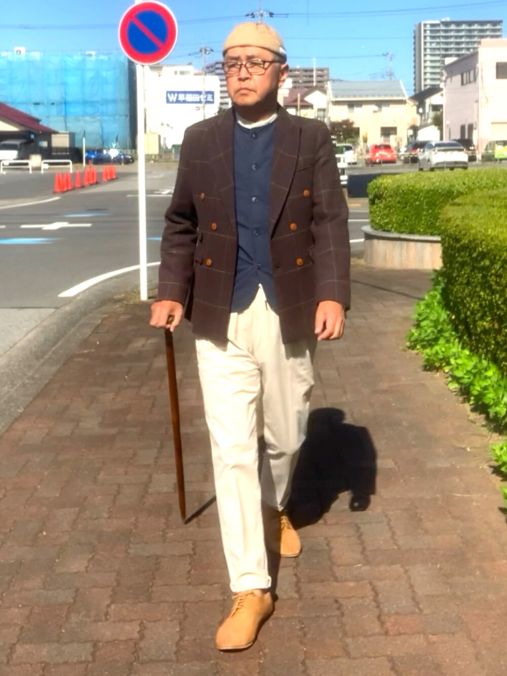 「トラッド、ダブルジャケット、バンドカラーシャツ、フィッシャーマンキャップ、WEAR文芸部」｜「中国通販のアイテム（テーラードジャケット、その他）」を使った、でゑさん（メンズ・175cm）の秋コーディネートの1枚目の写真