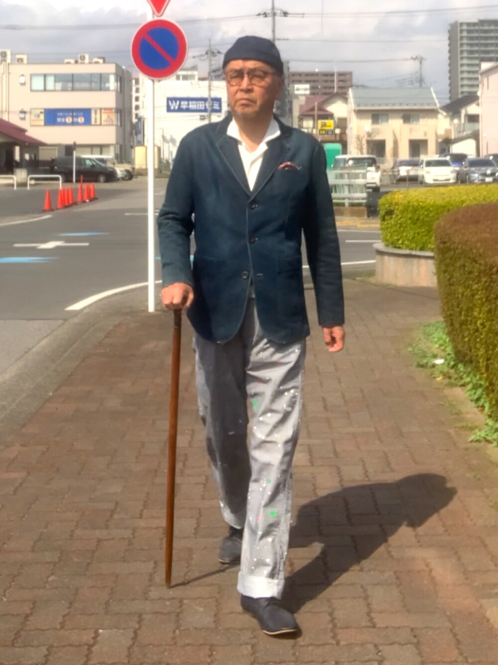 「トラッド、デニム、開襟シャツ、ヒッコリーパンツ、WEAR文芸部」｜「海外通販のアイテム（テーラードジャケット、ブルー系）」を使った、でゑさん（メンズ・175cm）の春コーディネートの1枚目の写真