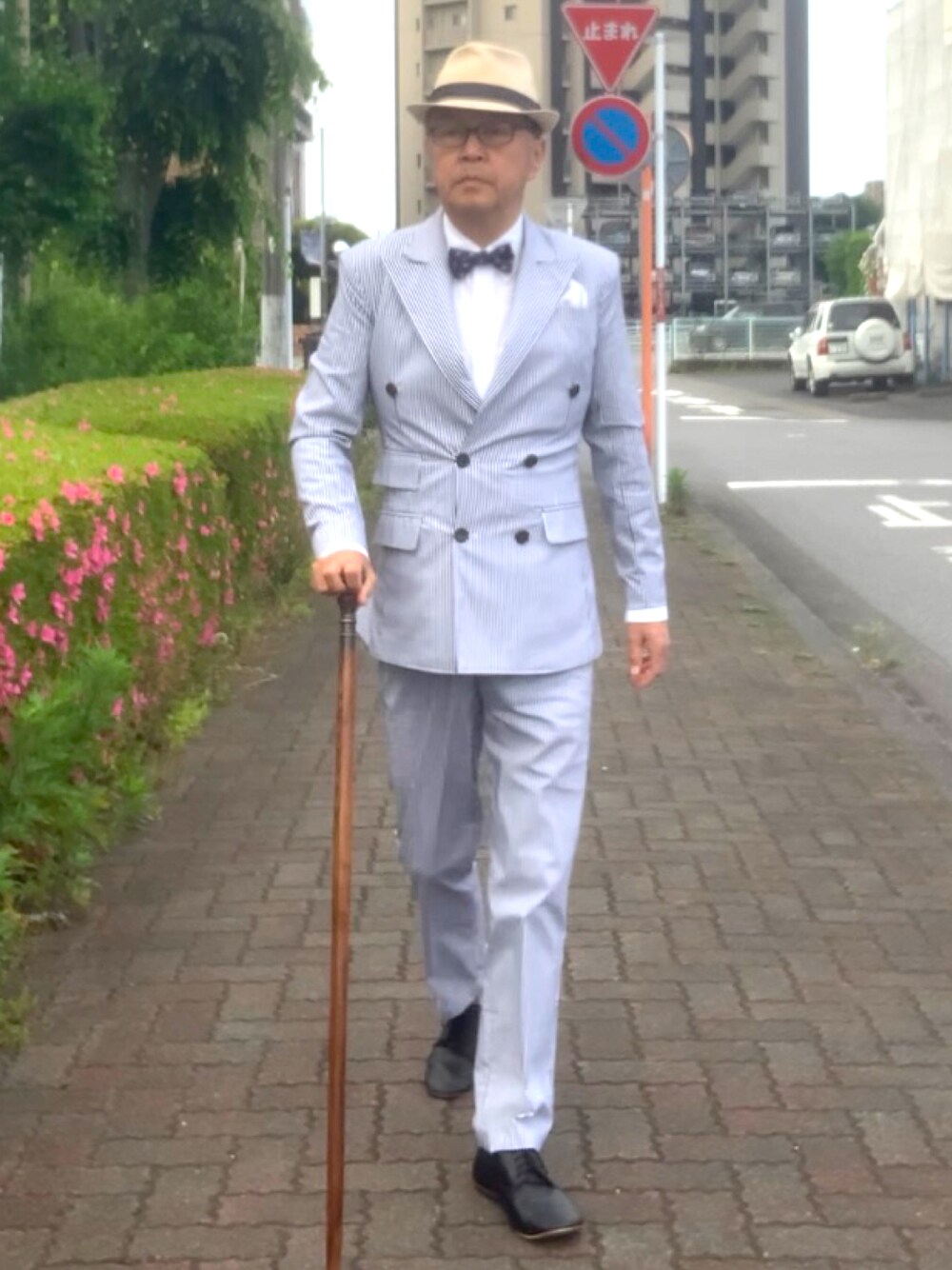 「トラッド、ストライプ、ソフトハット、ダブルジャケット、WEAR文芸部」｜「中国製ビスポークスーツのアイテム（フォーマルスーツ/小物、その他）」を使った、でゑさん（メンズ・175cm）の春コーディネートの1枚目の写真