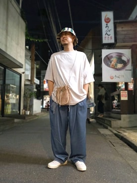 「blackmeans（ブラックミーンズ）のアイテム（ハンドバッグ）」を使った、LHP福岡店 staffさん（メンズ・165cm）の夏コーディネート