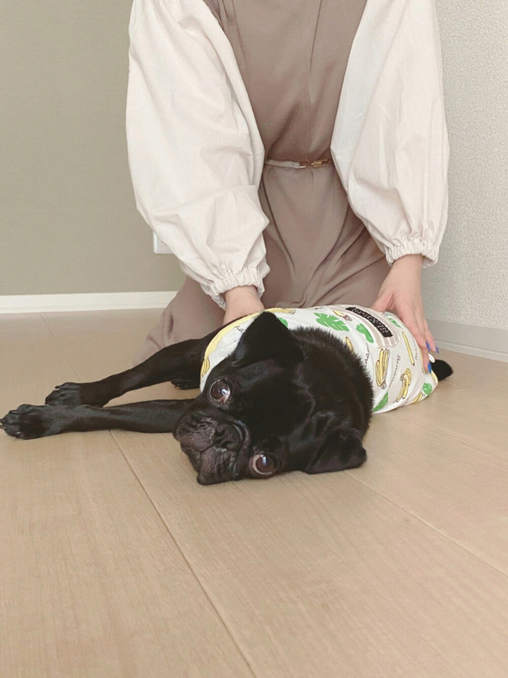 ブラウン系のワンピース、ベージュ系のベルト、イエロー系のペットウェアを着用したレディースの秋コーディネートの1枚目の写真