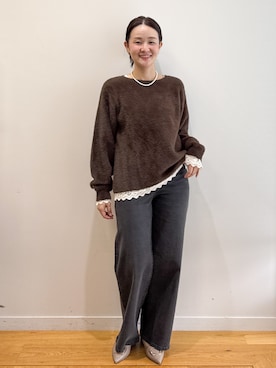 「OPAQUE.CLIP（オペークドットクリップ）のレースベロア トップス【洗濯機OK】（Tシャツ/カットソー、ホワイト系）」を使った、sone_156さん（レディース・156cm）の秋コーディネート
