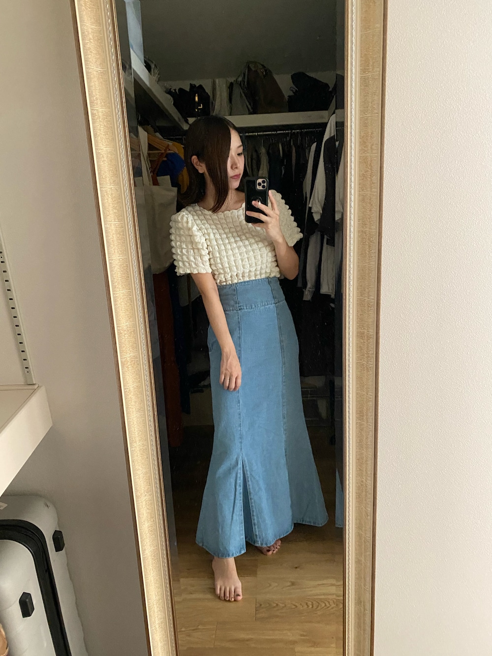 「授乳中コーデ、ママコーデ、ママファッション」｜「Lumierのアイテム（Tシャツ/カットソー、ホワイト系）」を使った、Yuki Katagiriさん（レディース・160cm）の夏コーディネートの1枚目の写真