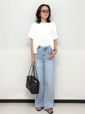 「OPAQUE.CLIP（オペークドットクリップ）の【接触冷感】リラクシーカットソー《洗濯機OK》（Tシャツ/カットソー、ホワイト系）」を使った、Hazukiさん（レディース・166cm）の春コーディネート