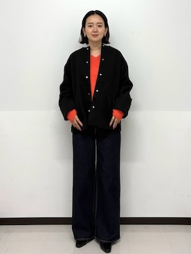 「アイテム（ノーカラーコート、ブラック系）」を使った、Hazukiさん（レディース・166cm）の秋コーディネート