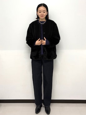 「アイテム（ノーカラーコート、ブラック系）」を使った、Hazukiさん（レディース・166cm）の冬コーディネート