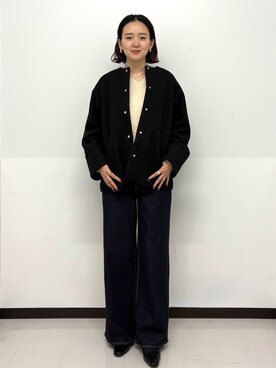 「アイテム（ノーカラーコート、ブラック系）」を使った、Hazukiさん（レディース・166cm）の秋コーディネート