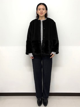 「アイテム（ノーカラーコート、ブラック系）」を使った、Hazukiさん（レディース・166cm）の冬コーディネート