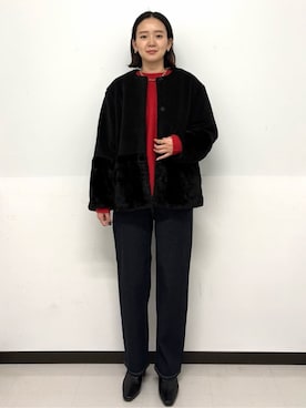 「アイテム（ノーカラーコート、ブラック系）」を使った、Hazukiさん（レディース・166cm）の冬コーディネート