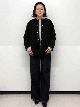 「アイテム（ノーカラーコート、ブラック系）」を使った、Hazukiさん（レディース・166cm）の秋コーディネート