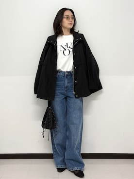 「OPAQUE.CLIP（オペークドットクリップ）のワイドストレートデニムパンツ【洗濯機OK】《S～LL》（デニムパンツ、ブルー系）」を使った、Hazukiさん（レディース・166cm）の春コーディネート