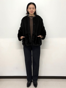 「アイテム（ノーカラーコート、ブラック系）」を使った、Hazukiさん（レディース・166cm）の冬コーディネート