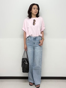 「OPAQUE.CLIP（オペークドットクリップ）の【接触冷感】リラクシーカットソー《洗濯機OK》（Tシャツ/カットソー、ピンク系）」を使った、Hazukiさん（レディース・166cm）の春コーディネート