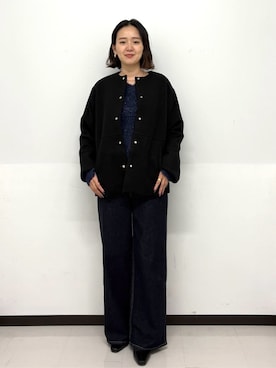 「アイテム（ノーカラーコート、ブラック系）」を使った、Hazukiさん（レディース・166cm）の秋コーディネート