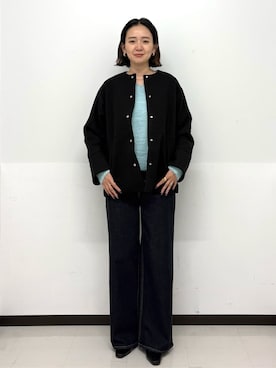 「アイテム（ノーカラーコート、ブラック系）」を使った、Hazukiさん（レディース・166cm）の秋コーディネート