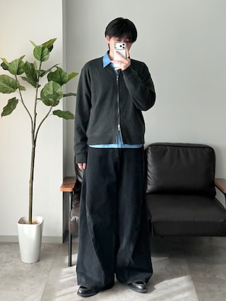 「selle glant（セレグランテ）のV NECK ZIP KNIT CARDIGAN/Vネックジップニットカーディガン（ニット/セーター）」を使った、syogoさん（メンズ・180cm）の冬コーディネート
