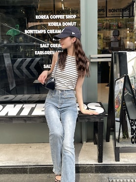 「アイテム（キャップ）」を使った、momoさん（レディース・158cm）の夏コーディネート