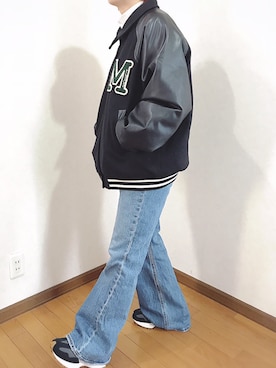 「フレアデニム」｜「アイテム（スタジャン）」を使った、あゆさん（レディース・157cm）の冬コーディネート