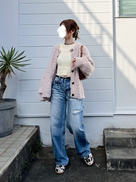 「STYLEMIXER（スタイルミキサー）のショートリブニット（ニット/セーター、ホワイト系）」を使った、𝕂𝔼𝕀𝕂𝕆さん（レディース・160cm）の春コーディネート