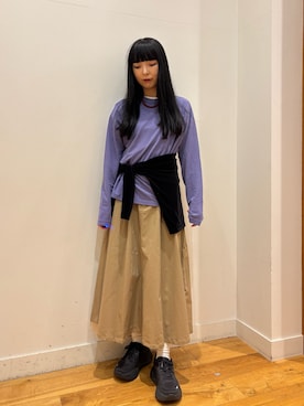 「FORK&SPOON（フォークアンドスプーン）のFORK&SPOON　ドライ天竺ロングスリーブTシャツ（Tシャツ/カットソー、パープル系）」を使った、まりなさん（レディース・159cm）の夏コーディネート