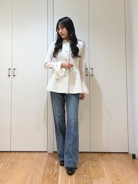 「NATURAL BEAUTY BASIC（ナチュラルビューティーベーシック）の◇ツイードシリーズ ペプラムジレ（Other outerwear、ホワイト系）」を使った、mo-riさん（レディース・161cm）の夏コーディネート