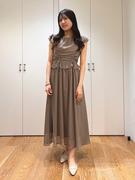 「NATURAL BEAUTY BASIC（ナチュラルビューティーベーシック）のドロストギャザー楊柳ワンピース（One piece dress、ブラウン系）」を使った、mo-riさん（レディース・161cm）の夏コーディネート