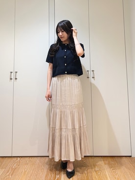 「NATURAL BEAUTY BASIC（ナチュラルビューティーベーシック）の【追加生産】シルクブレンドカーディガン半袖（Cardigans、ブルー系）」を使った、mo-riさん（レディース・161cm）の夏コーディネート