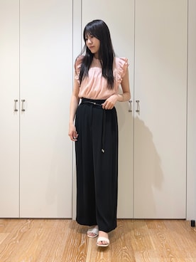 「NATURAL BEAUTY BASIC（ナチュラルビューティーベーシック）のハイネックフリルスリーブカットソー（T Shirts、ピンク系）」を使った、mo-riさん（レディース・161cm）の夏コーディネート