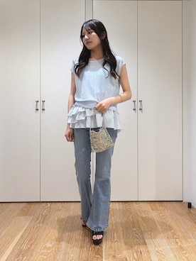 「NATURAL BEAUTY BASIC（ナチュラルビューティーベーシック）のニットセットティアードキャミ（Knitwear、ブルー系）」を使った、mo-riさん（レディース・161cm）の夏コーディネート