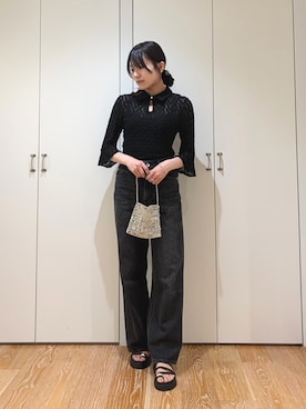 「NATURAL BEAUTY BASIC（ナチュラルビューティーベーシック）の◇シャツカラーレースカットソー（Shirts、ブラック系）」を使った、mo-riさん（レディース・161cm）の夏コーディネート
