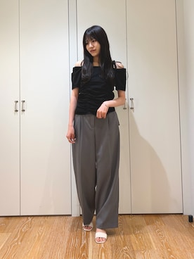 「NATURAL BEAUTY BASIC（ナチュラルビューティーベーシック）のショルダーリボンドロストカットソー（T Shirts、ブラック系）」を使った、mo-riさん（レディース・161cm）の夏コーディネート