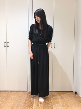 「NATURAL BEAUTY BASIC（ナチュラルビューティーベーシック）のチュール刺繍シアーカーディガン（Cardigans、ブラック系）」を使った、mo-riさん（レディース・161cm）の夏コーディネート