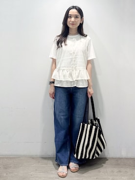 「OPAQUE.CLIP（オペークドットクリップ）のオーガニックコットン混ベーシックTシャツ【洗濯機OK】《SS～LL》（Tシャツ/カットソー、ホワイト系）」を使った、yuicciさん（レディース）の夏コーディネート