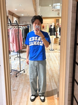 「CIAOPANIC（チャオパニック）のグランジフェルトロゴTシャツ（Tシャツ/カットソー、ブルー系）」を使った、rirugaさん（メンズ・173cm）の春コーディネート