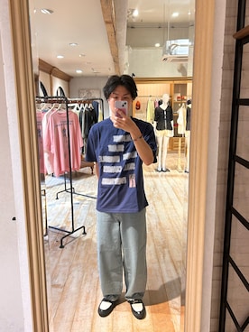 「CIAOPANIC（チャオパニック）のストライプカーブデニムパンツ（デニムパンツ、ブルー系）」を使った、rirugaさん（メンズ・173cm）の春コーディネート