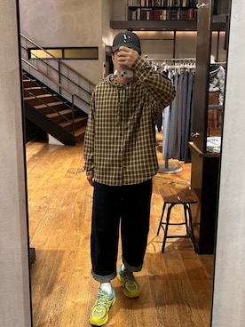 「CIAOPANIC（チャオパニック）のアソートチェックシャツフーディー（Shirts、ブラウン系）」を使った、rirugaさん（メンズ・173cm）の秋コーディネート