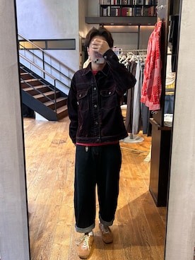 「CIAOPANIC（チャオパニック）の【ANTI WARP /アンチワープ】フロッキー加工トラッカージャケット（Denim jacket、レッド系）」を使った、rirugaさん（メンズ・173cm）の秋コーディネート