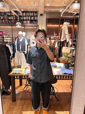 「CIAOPANIC（チャオパニック）のストライプデニムシャツ（シャツ/ブラウス、ブルー系）」を使った、rirugaさん（メンズ・173cm）の夏コーディネート