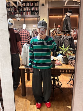 「CIAOPANIC（チャオパニック）のボーダーラガーシャツ（T Shirts、グリーン系）」を使った、rirugaさん（メンズ・173cm）の夏コーディネート