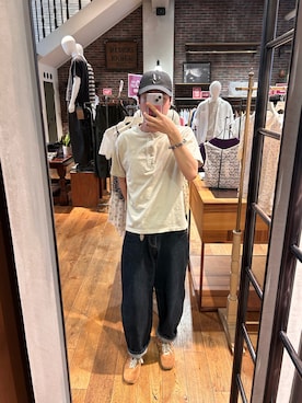 「CIAOPANIC（チャオパニック）のヴィンテージライクヘンリーネックTシャツ（Tシャツ/カットソー、ホワイト系）」を使った、rirugaさん（メンズ・173cm）の夏コーディネート