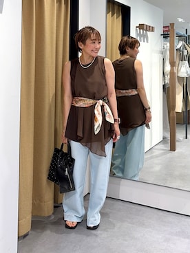 「GALLEST（ギャレスト）のドッキングチュニックカットソー（Tシャツ/カットソー、ブラウン系）」を使った、mariiiii831さん（レディース）の夏コーディネート