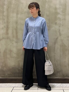 「grove（グローブ）のペプラムスタンドネックシャツ（シャツ/ブラウス、ブルー系）」を使った、すえさん（レディース・158cm）の春コーディネート