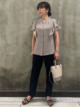 「grove（グローブ）のキレイも動きやすさも　美脚見えハイパーストレッチパンツ（その他パンツ、ブラック系）」を使った、すえさん（レディース・158cm）の夏コーディネート