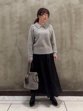 「grove（グローブ）の異素材ビッグカラーニット（ニット/セーター、グレー系）」を使った、すえさん（レディース・158cm）の秋コーディネート